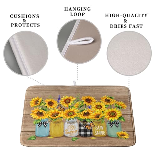 Sunflower Dish Drying Mat for Kitchen 18x24 Inch Counter Rustic Vintage Floral Vases Wood Grain Drying Mats Microfiber Absorbent Dishes Drying Pad Spring Summer Flowers Dish Drainer Rack Mat (Sunflower Vases / 18" x 24")