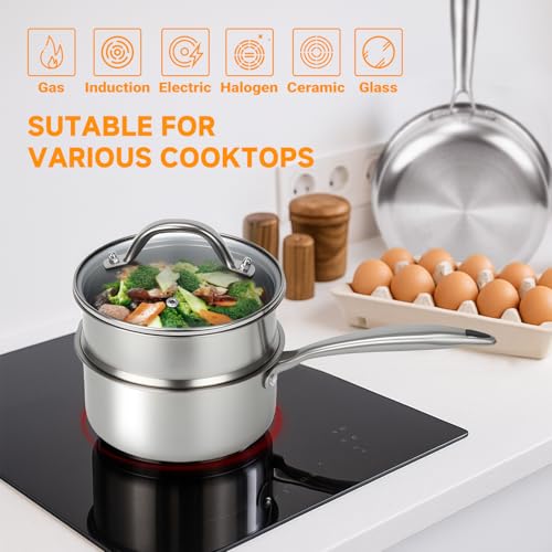 2.5 Qt Tri Ply Stainless Steel Saucepan with Steamer Basket & Lid (2.5 Quarts)
