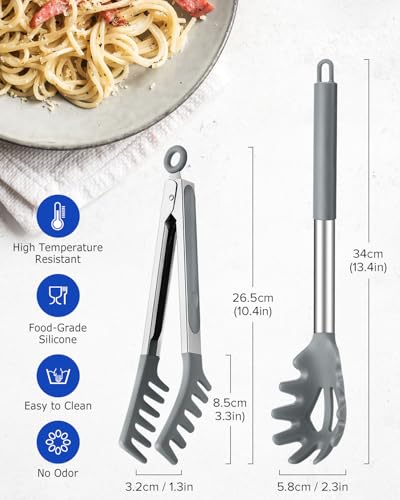 Silicone Spaghetti Spoon and Pasta Tong (Gray)