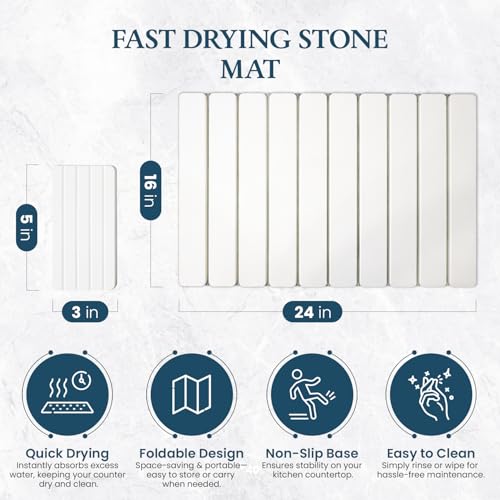 Stone Drying Mat for Kitchen Counter 24"×16"with Water Absorbent Coaster
