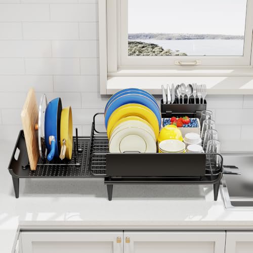 Expandable Dish Drying Rack for Kitchen Counter with Drainboard (1 Tier - Expandable - Black)