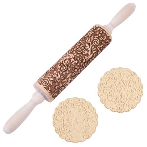 Embossed Wooden Rolling Pin Vine Print 35cm Rolling Pin for Baking Biscuits 3D Pattern DIY Kitchen Tool Baking Accessories Homemade Bakery Pastry Cookie Fondant Dough Pizza (Floral Pattern)