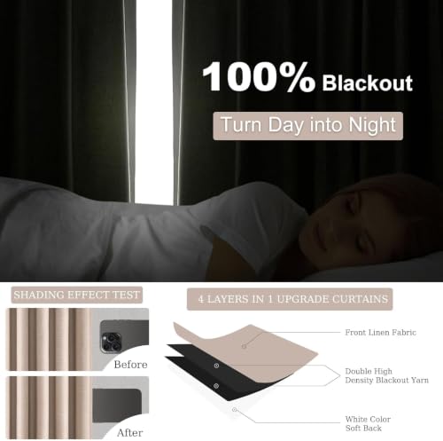 132 Inch Linen Blackout Curtains 2 Panels for Bedroom Living Room Darkening Thermal Insulated 100% Black Out Linen Drapes Back Tab Large Window Curtains Beige Natural (Natural Beige / 52"W x 132"L (Pack of 2))