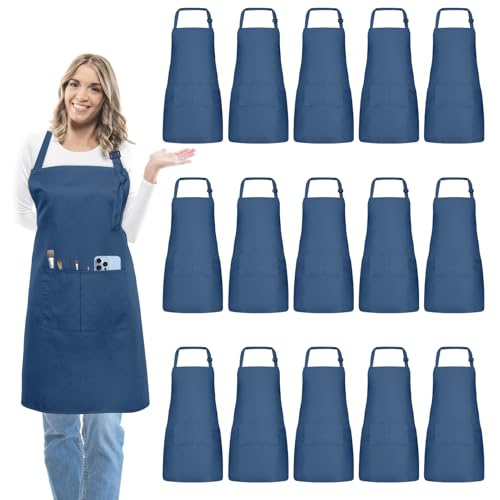 15 Pack Adult Aprons for Women Men (Large / Navy)