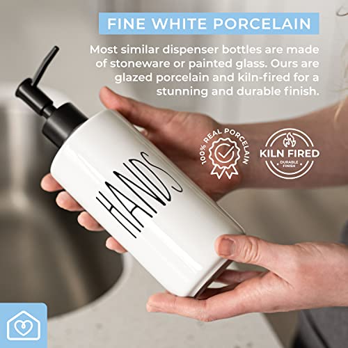 Porcelain 16oz Empty Liquid Dispenser Bottle for Hands. Hand Soap Dispenser for Bathroom (HANDS)