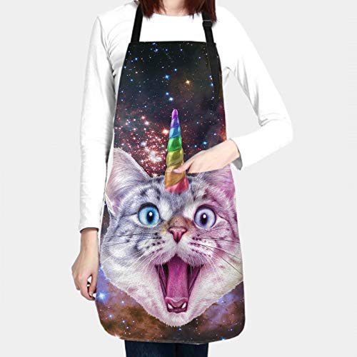 Kitchen Apron with 2 Pockets for Cat Lover（Unicorn Cat） (33" x 28"(Pack of 1) / Brown Cat)