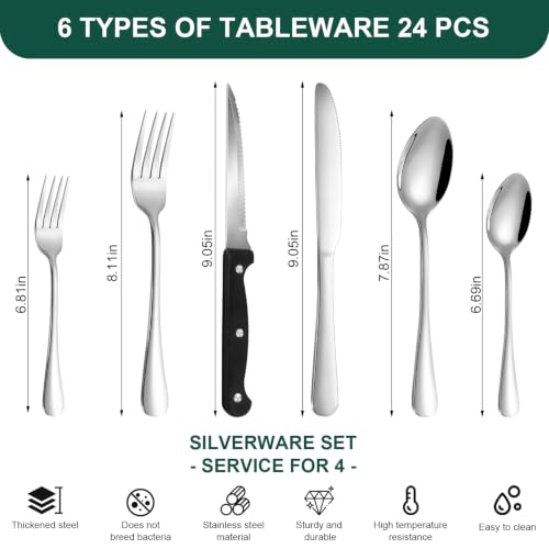 24 Piece Silver Silverware Set with Steak Knives Black Stainless Steel Flatware Set for 4 Food Grade Tableware Cutlery Set Rust (24Pcs-B)