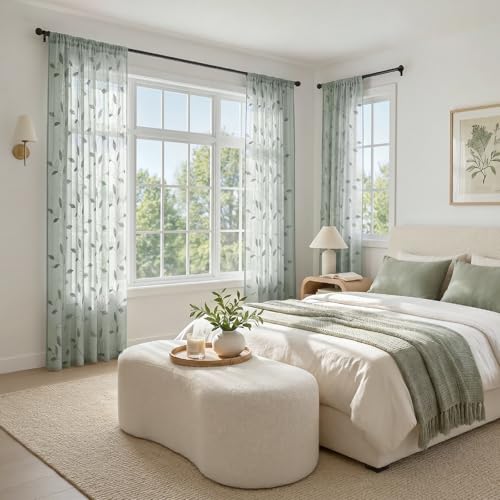 Sage Green Sheer Curtains Leaf Embroidered (52"W x 84"L (Pack of 2) / 1-sage Green)