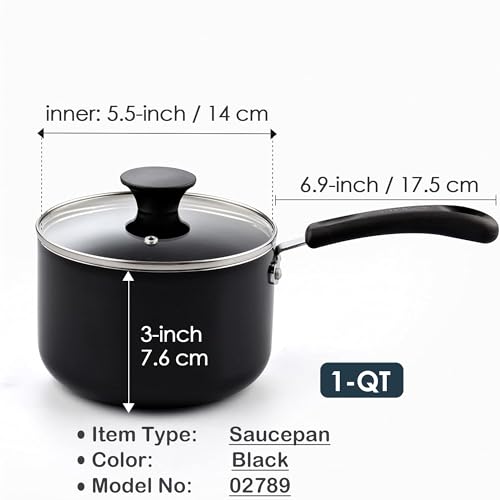 Basic 1 Quart Nonstick Saucepan with Glass Lid (1 Quarts / Black)
