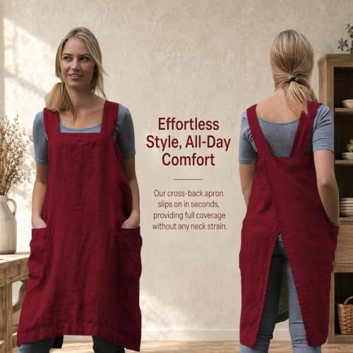 Cross Back Linen Cotton Apron with Pockets (Medium / Red)