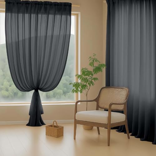 Halloween Black Sheer Curtains for Window 96 Inches Long 2 Panels Set (42"W x 96"L (Pack of 2) / Black)