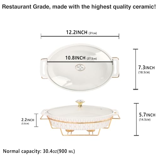 10" x 7" Ceramic Oval Casserole Dish with Glass Lid and Gold rack (White with rack / 10" x 7")