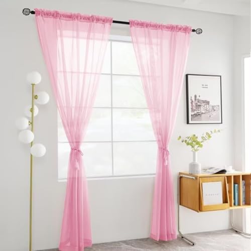 Solid Sheer Rod Pocket Curtain Voile Draperies 2 Panels White Beige Black Ivory Coffee 22 Inch Width 40 Inch Long 1 Pair for Kitchen Bedroom Children Living Room Yard (Light Pink / 22"W x 40"L (Pack of 2))