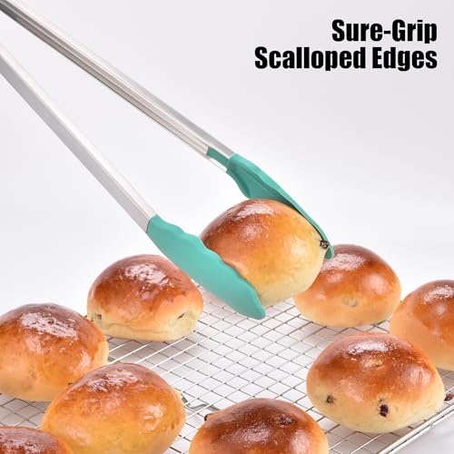 Kitchen Tongs with Silicone Tips for Cooking Serving (16in / Aqua Sky)