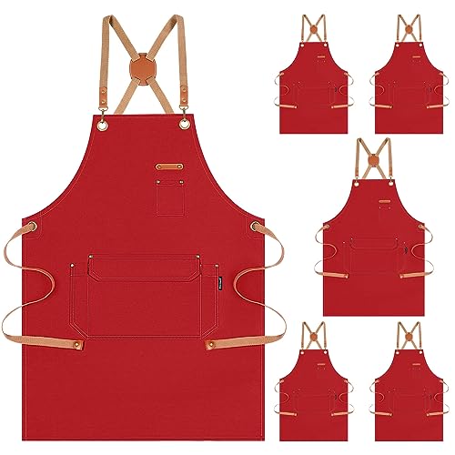 Chef Apron Men Women (Red, 6 Pack)