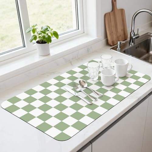Checkered Dish Mat for Kitchen Coffee Station (Sage / 17" x 32")
