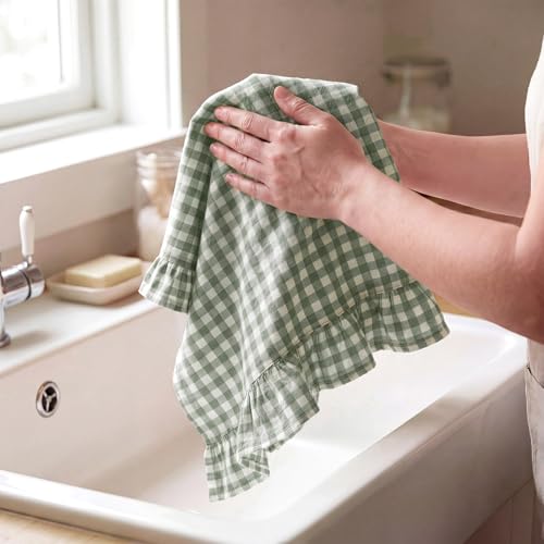 2 Pcs Green Gingham Kitchen Towels Cotton Ruffled (Green / Gingham)