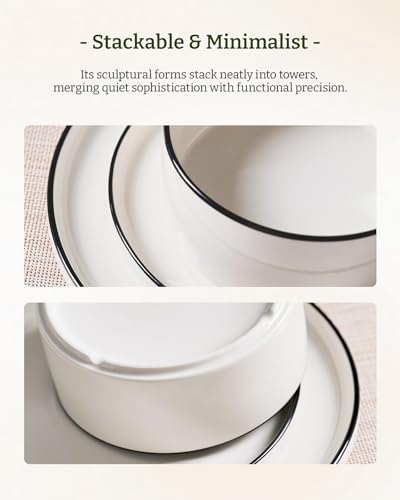 Porcelain 24 Piece Dinnerware Set (White with Black Trim / Service for 8 (Standard Dinner Set))