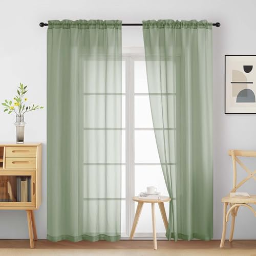 Sage Green Sheer Curtains 84 Inches Long 2 Panels (42"W x 84"L (Pack of 2) / Sage Green)
