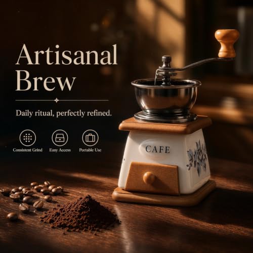 Manual Vintage Ceramic Burr Coffee Grinder with Wooden Base Drawer