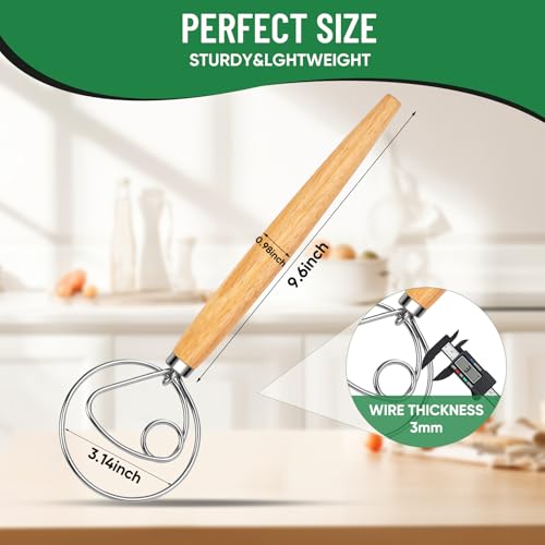 Danish Dough Whisk Stainless Steel Wood Handle for Sourdough Bread (Silver)