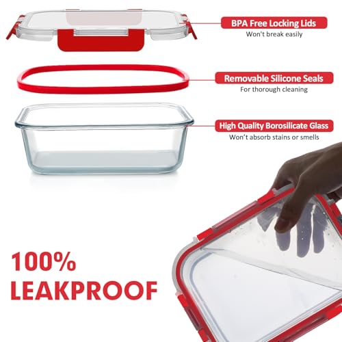 30 Pieces Glass Food Storage Containers Set with Lids (Red / 30 Pieces)