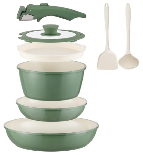 Ceramic Cookware Set Non Stick 8Pcs Pots and Pans Set Detachable Handle Induction Kitchen Cooking Set with Frying Pans Oven Dishwasher Safe (Forest)