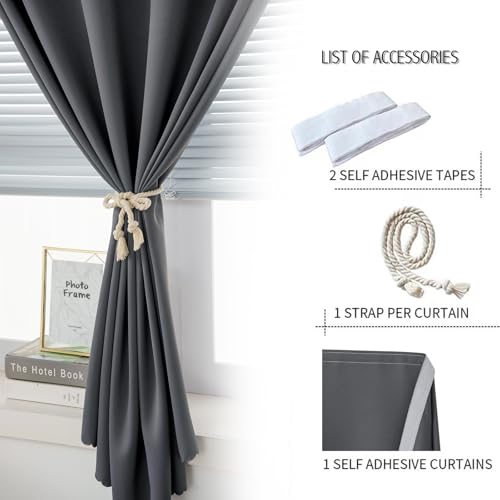 Blackout Curtains with Self Adhesive Tape No Rod No Drill Easy Install Window Cover for Bedroom Kitchen Dorm 70" W x 72" L Grey 1 Panel (70"W x 72"L (Pack of 1) / Grey)