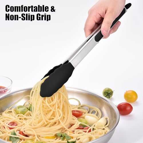 Kitchen Tongs with Silicone Tips for Cooking Serving (Set of 3 (7+9+12in) / Black)