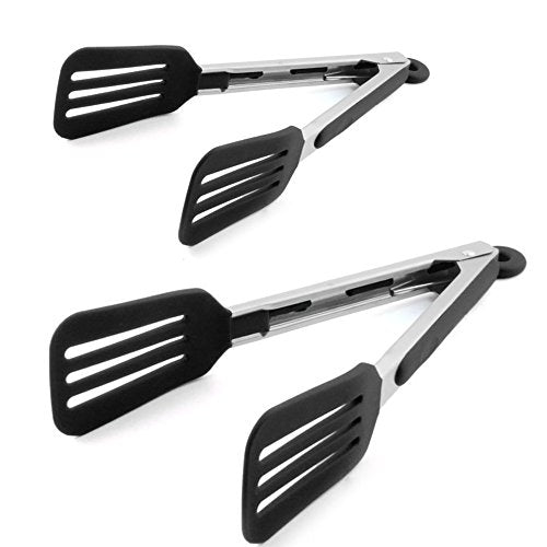 Cooking Tongs 9" and 12" Stainless Steel Kitchen Silicone Serving Tongs (9 & 12 inch / Black)