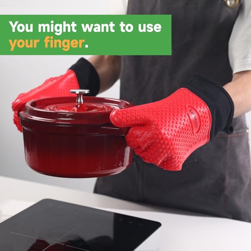 BBQ Gloves Heat Resistant Oven Mitts (Red / Large)