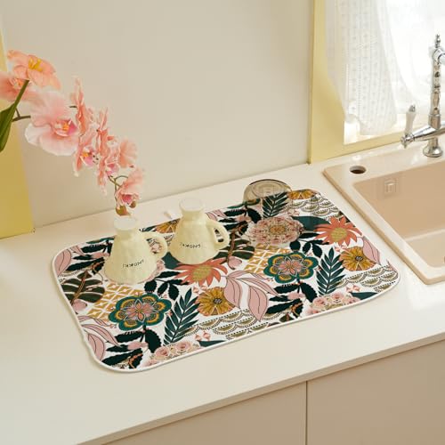 Boho Dish Drying Mat 18 x 24 Inch Pink Green Floral Drying Mat for Kitchen Counter Absorbent Bohemian Tropicla Leaves Spring Summer Dishes Dry Pad for Drainer Rack Kitchen Fast Dry (Boho Pink Green Floral / 18" x 18")