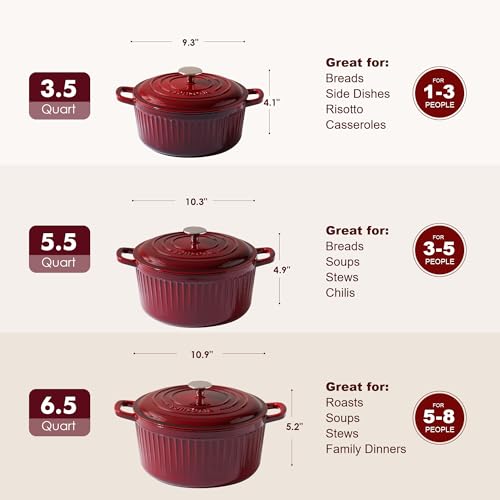 6.5QT Enameled Cast Iron Dutch Oven Pot with Lid&Cotton Potholders (Burgundy Red / 6.5 Quarts)