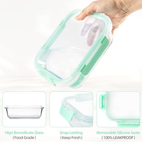16Pack Glass Meal Prep Containers 8 Bowls with 8 Airtight Mint Lids 2 Sizes (mint)
