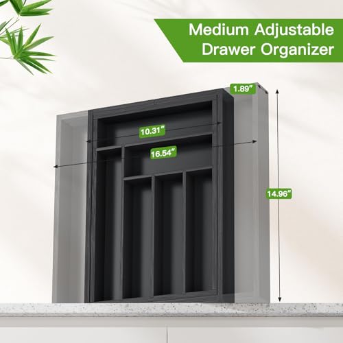 Bamboo Expandable Silverware Drawer Organizer (Black / Medium)