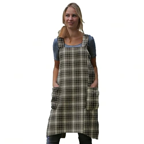 Women's Pinafore Square Apron Baking Cooking Gardening Works Cross Back Cotton (XX-Large / Gingham-black)