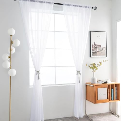 Sheer Rod Pocket Curtain Voile Draperies 2 Panels White Beige Black Grey Coffee 52 Inch Width 63 Inch Long 1 Pair for Kitchen Bedroom Children Living Room Yard (Optical White / 52"W x 63"L (Pack of 2))