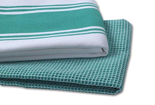 Cotton Kitchen Towels (Teal / 2 Stripe + 2 Waffle Towels)