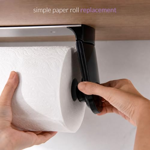 ONE Hand Tear Paper Towel Holder Under Cabinet Adhesive or Drilling Installation Aluminum Alloy + ABS (Black)