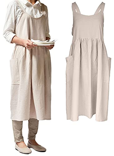 Women Girls Vintage Cute Apron Gardening Works Cross Back Cotton (Beige / 32.3" x 41.3")
