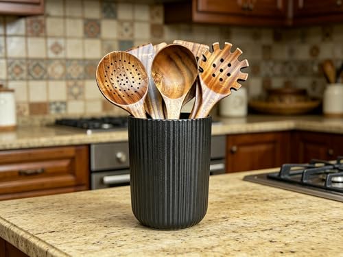 Large Stoneware Kitchen Utensil Holder for Kitchen Counter & Countertop Cooking Utensil Holder Spatula Holder Utensil Crock for Kitchen Counter Vertical Ribbed Fluted Stripe (Matte Black)