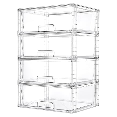 4 Pack Large Clear Stackable Storage Drawers for Closet