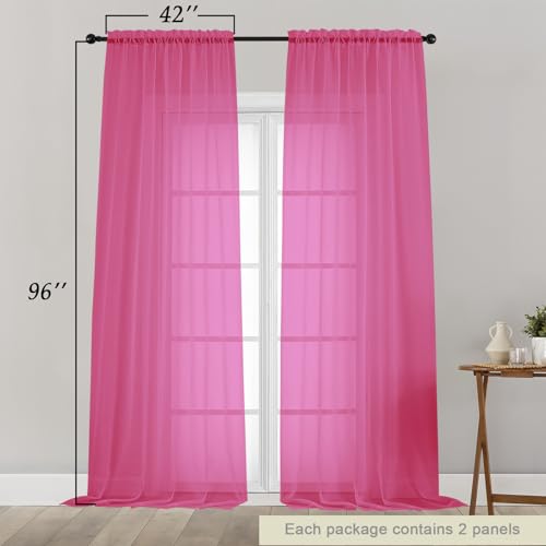 Hot Pink Sheer Curtains for Bedroom Living Room 96 Inches Long 2 Panels (Hot Pink / 42"W x 96"L (Pack of 2))