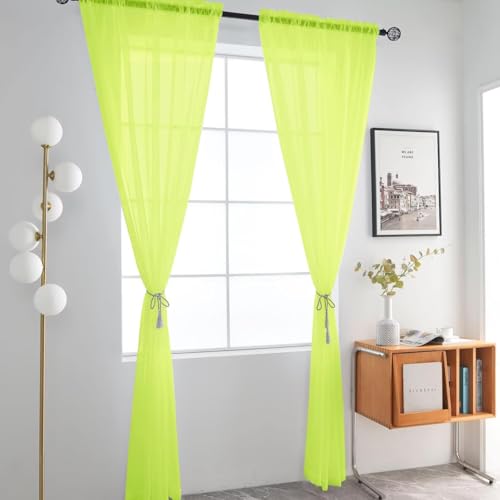 Basic Rod Pocket Sheer Voile Window Curtain Panels Chartreuse 1 Pair 2 Panels 52 Width 84 Inch Long for Kitchen Bedroom Children Living Room Yard（Chartreuse (Chartreuse / 52"W x 84"L (Pack of 2))