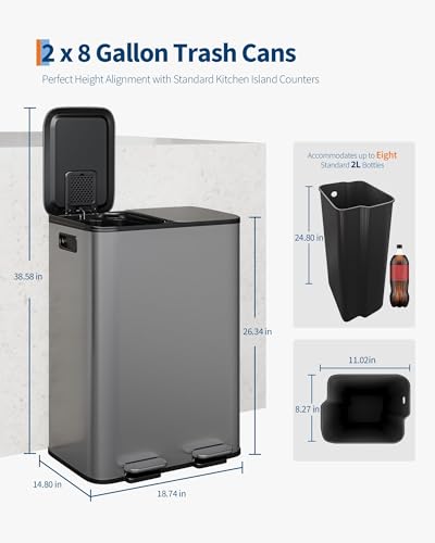 2x8 Gal Dual Kitchen Trash Can Fingerprint (Matte Gray / 2 x 8 Gallon)
