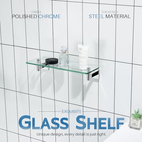 Bathroom Shelves Wall Mounted Floating Glass Shelf Polished Stainless Steel 16 (Polished Chrome / 16-Inch(2 Pack))