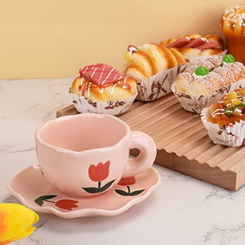 6oz Irregular Saucer Ceramic Mug (Pink Tulips)