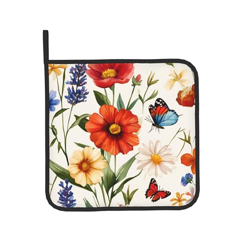 Cute Oven Mitts and Pot Holders Sets Poppy Daisy Flowers Kitchen Gloves Lavender Butterfly Hot Pads 2 Pieces Set Spring Summer Floral Kitchen Decor and Accessories (Poppy Daisy Lavender With Butterfly)