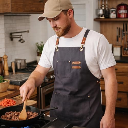 Chef Aprons for Men Canvas Apron with Large Pockets and Adjustable Neck Strap for Cooking (Grey)