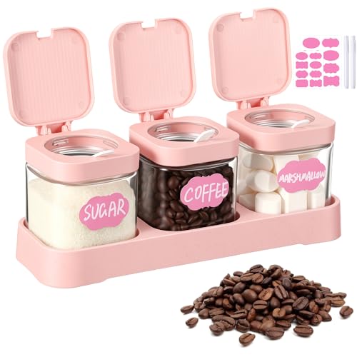 3 Pcs Glass Coffee Container with Shelf (Pink)